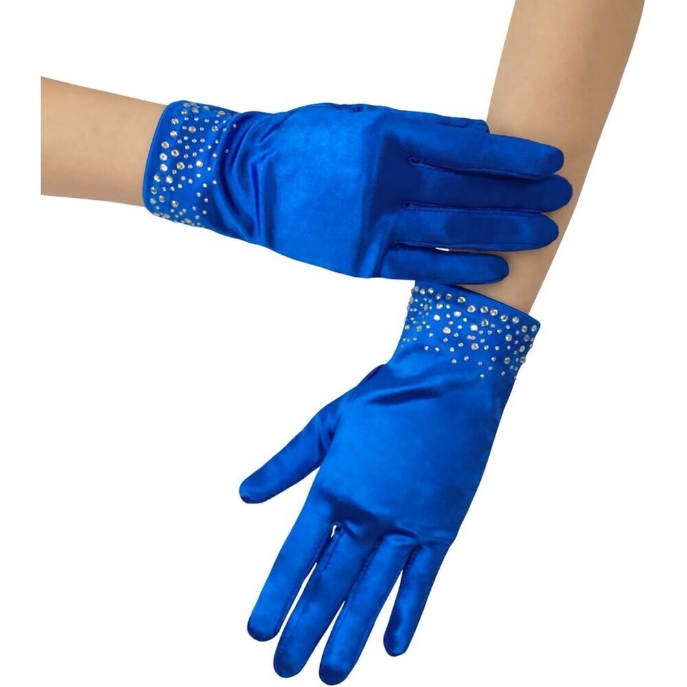 Women's Blue Sparkly Glitter Rhinestone Stretchy Satin Wrist Length Gloves - Picture 4 of 5